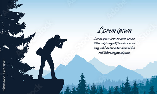 Set realistic silhouettes of male photographer standing on rock with camera. Mountain landscape with forest under blue sky, with space for text, vector