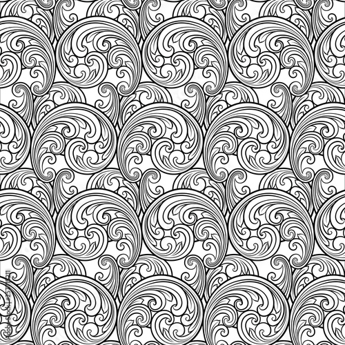 Seamless baroque scrolls line pattern in eastern or arabic style. Exquisite monochrome texture. Black and white graphic background  lace pattern