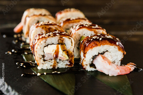 rolls with fresh fish, vegetables and cream cheese