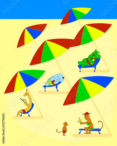 Funny animals lie in the sun loungers on the beach. Vector color illustration.