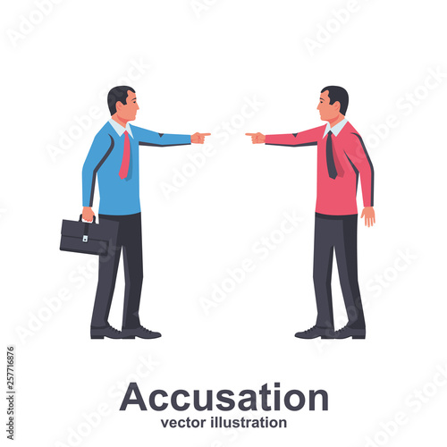 Accusation concept. Two businessmans in a dispute point at each other with their fingers. Vector illustration flat design. Isolated on white background. Harassment coworkers. Victim worker.