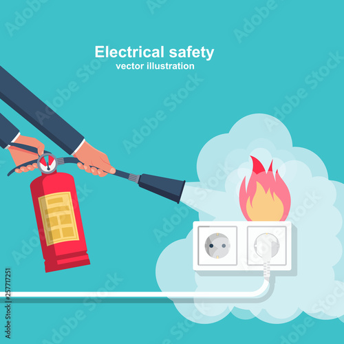 Extinguish fire wiring in home. Socket and plug on fire from overload. Electrical safety concept. Vector illustration flat design. Fireman hold in hand fire extinguisher. Protection from flame.