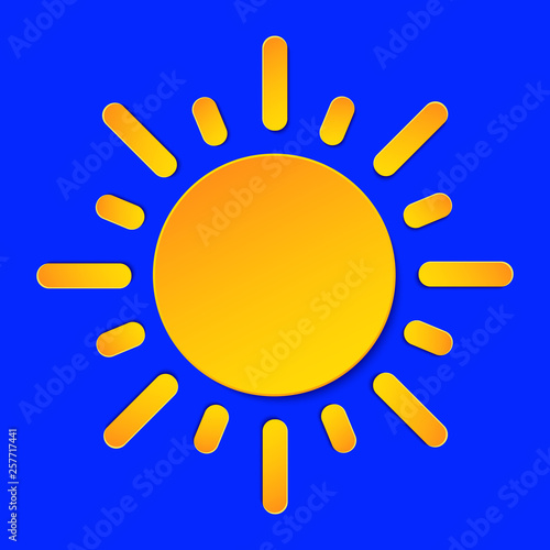 Sunny Day Weather forecast info icon. Yellow Sun symbol paper cut style on blue. Climate weather element. Trendy button for Metcast WF report mark, meteo mobile app, business, web.