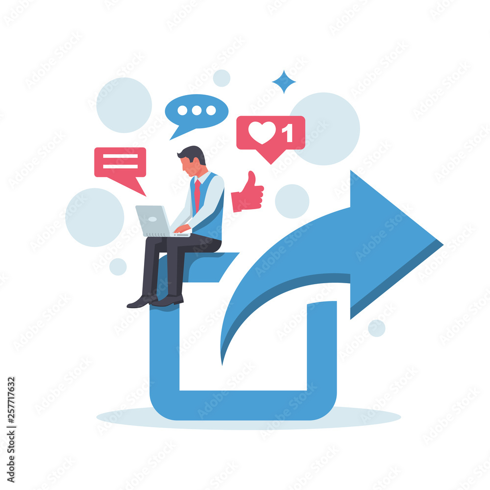 Share concept. Sharing posts in social networks. Man with laptop is sitting on a larger symbol. Social media flat icon. Online repost. Vector illustration cartoon design. Isolated on white background.