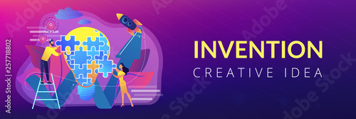 Business team doing lightbulb from jigsaw puzzle and rising arrow. Creative idea and insight, notion, invention concept on white background. Header or footer banner template with copy space.