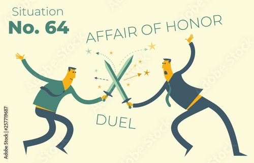 Flat design illustration for presentation, web, landing page: Two men fight in a duel with swords. Competition, rivalry of people, companies.