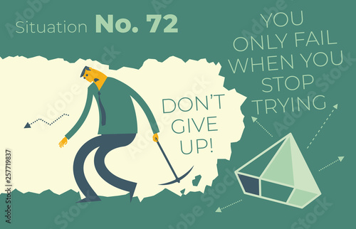Flat design illustration for presentation, web, landing page: A man digs in a tunnel trying to get to the goal, rewards. He gave up and stopped trying. The fatigue and impotence of man.