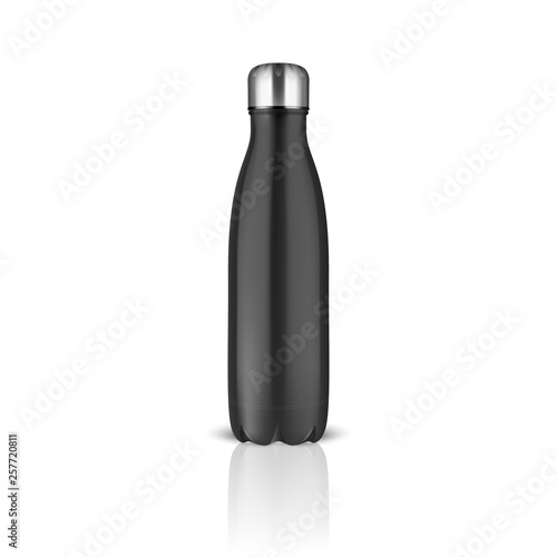 Vector Realistic 3d Black Empty Glossy Metal Reusable Water Bottle with Silver Bung Closeup on White Background. Design Template of Packaging for Mock up, Package, Advertising, Logo. Front View