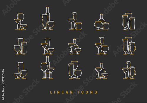 set icon wine glasses and bottle in linear style