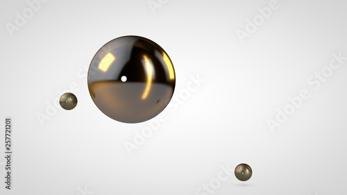 3D illustration of a Golden ball surrounded by two small balls isolated on a white background. Abstract representation of geometric shapes. 3D rendering