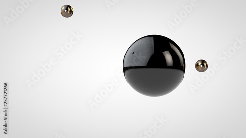 Fototapeta Naklejka Na Ścianę i Meble -  3D illustration of a black, glossy ball surrounded by two small balls isolated on a white background. Abstract representation of geometric shapes. 3D rendering