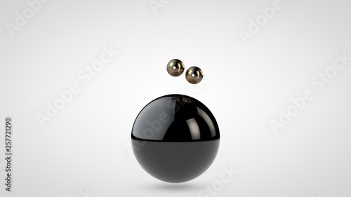 3D illustration of a black, glossy ball surrounded by two small balls isolated on a white background. Abstract representation of geometric shapes. 3D rendering
