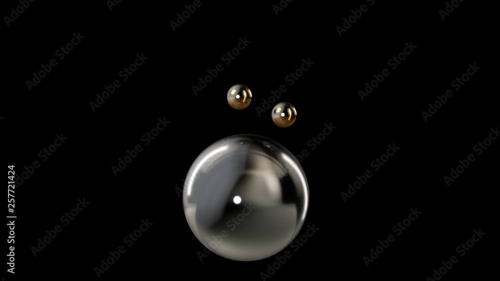 3D illustration of a silver large ball surrounded by two small gold balls isolated on a black background. Abstract representation of geometric shapes. 3D rendering