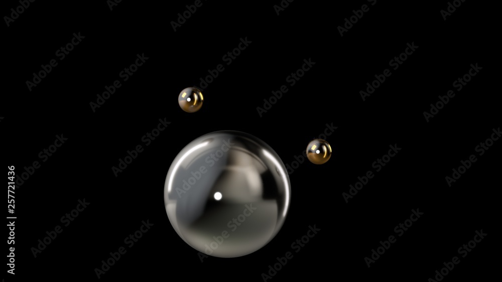3D illustration of a silver large ball surrounded by two small gold balls isolated on a black background. Abstract representation of geometric shapes. 3D rendering