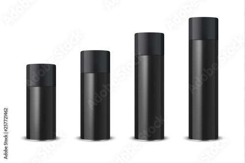 Vector 3d Realistic Black Blank Spray Can, Spray Bottle with Cap Set Closeup Isolated on White Background. Design Template of Sprayer Can for Mock up, Package, Advertising, Hairspray, Deodorant etc