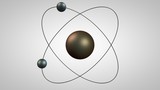 3D illustration of an atom model with a nucleus and two electrons. Metal model of the structure of the Rutherford atom. Idea, symbol of atomic energy. 3D rendering on white background isolated.