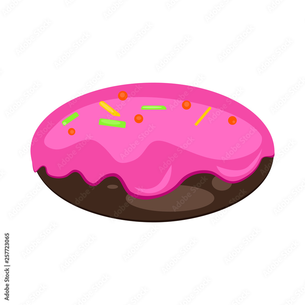 Chocolate biscuit with bright pink topping or glaze. Dessert, sweet snack, cake. Vector illustration can be used for topics like bakery, confectionery, pastry Chocolate biscuit with bright pink topping or glaze. Dessert, sweet snack, cake. Vector illustration can be used for topics like bakery, confectionery, pastry