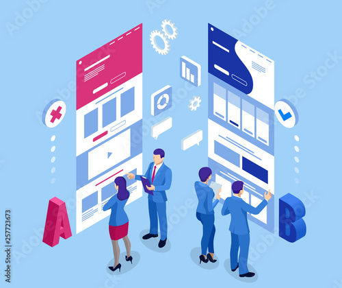 Isometric AB testing, comparison concept. Split Testing web page comparing.