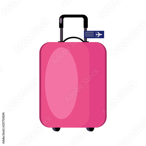 Pink plastic suitcase with sticker. Luggage bag, baggage, wheel. Vector illustration can be used for topics like vacation, travel, trip, journey