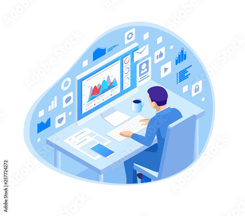 Isometric programmer coding new project sitting on computer with command line web development, programming concept banner Digital devices programmer creating website writing computer software
