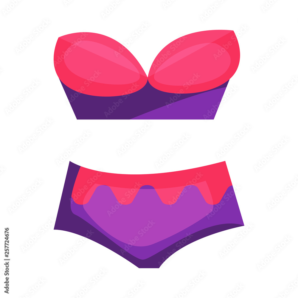 Stylish bikini. Pink and violet swimsuit for women. Vector illustration can be used for topics like beach, pool party, summer vacation, swimwear Stylish bikini. Pink and violet swimsuit for women. Vector illustration can be used for topics like beach, pool party, summer vacation, swimwear