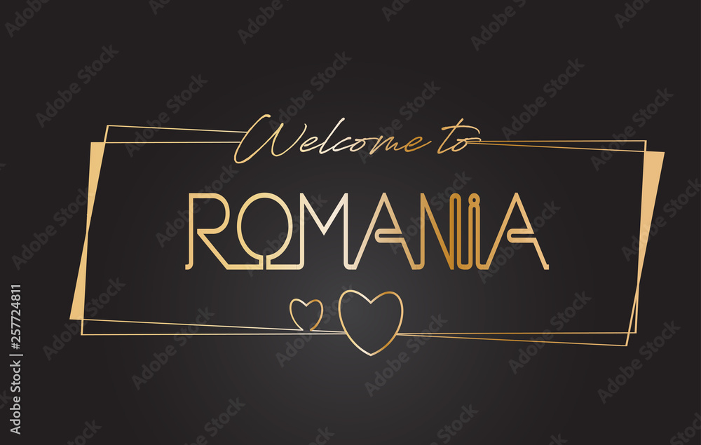 Obraz premium Romania Welcome to Golden text Neon Lettering Typography Vector Illustration.