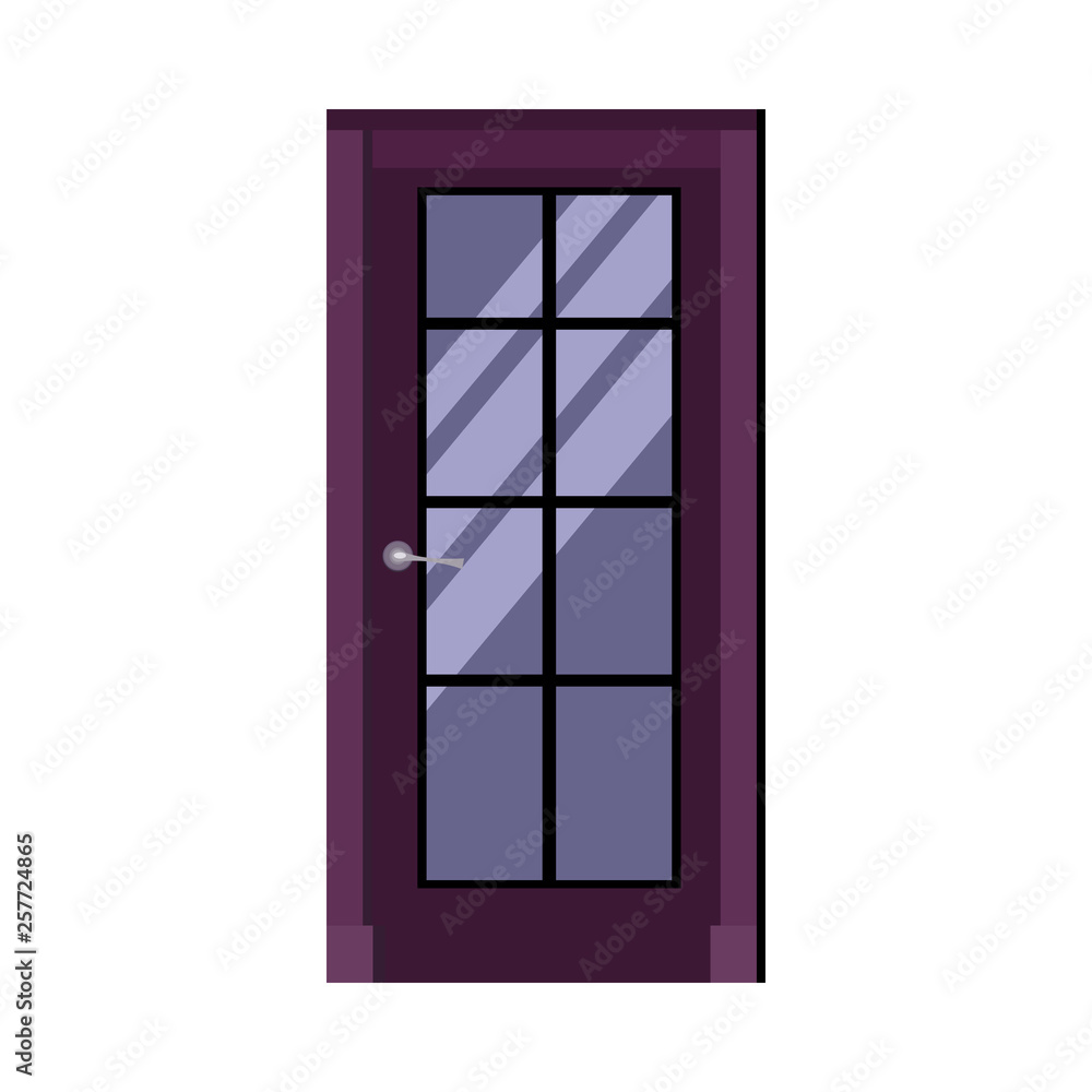 Violet interior door with lattice window and handle. Entrance, doorway, home. Vector illustration can be used for topics like house, building, montage, interior design