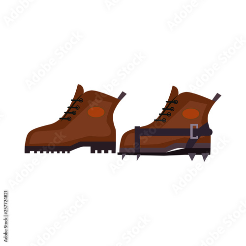Trekking boots with crampons. Spike, footwear, equipment. Vector illustration can be used for topics like trekking, alpinism, climbing