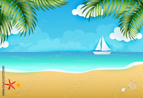 Idyllic background of tropical beach landscape vector illustration. Summer resort, paradise, sea. Vacation concept. Vector illustration can be used for topics like summer, travel, tourism