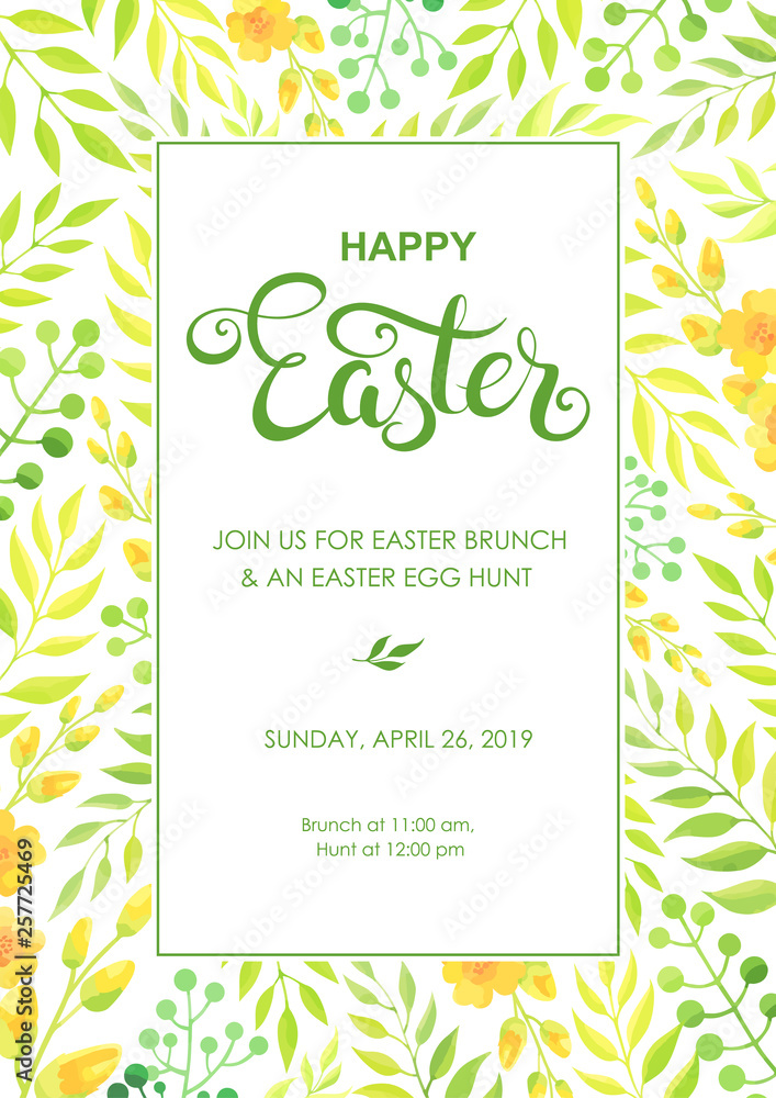 Happy Easter invitation with foliage and flowers. Vector illustration. 