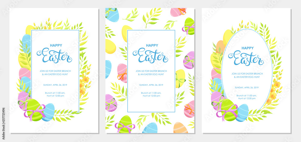 Happy Easter invitation with flowers, green leaves and eggs border. Easter invite modern card template set.