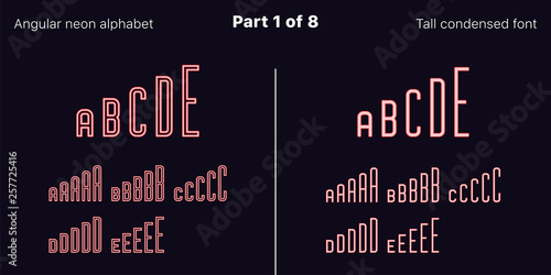 Condensed Red neon font, Angular. Vector set