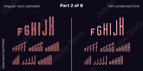 Condensed Red neon font, Angular. Vector set