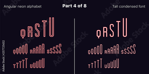Condensed Red neon font, Angular. Vector set