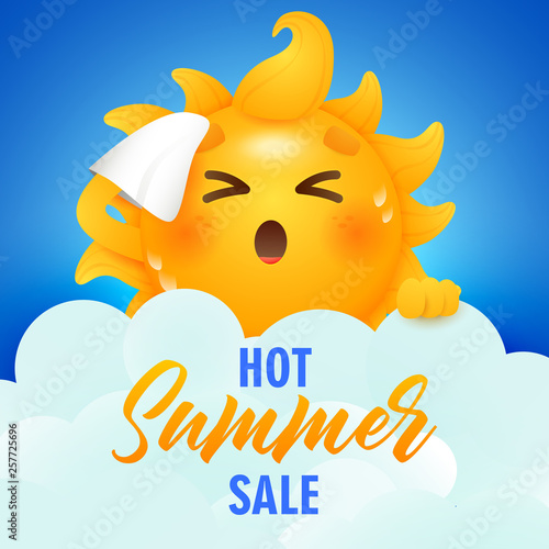 Hot summer sale lettering and sun cartoon character. Tourism, summer offer or sale advertising design. Handwritten and typed text, calligraphy. For leaflets, brochures, invitations, posters.