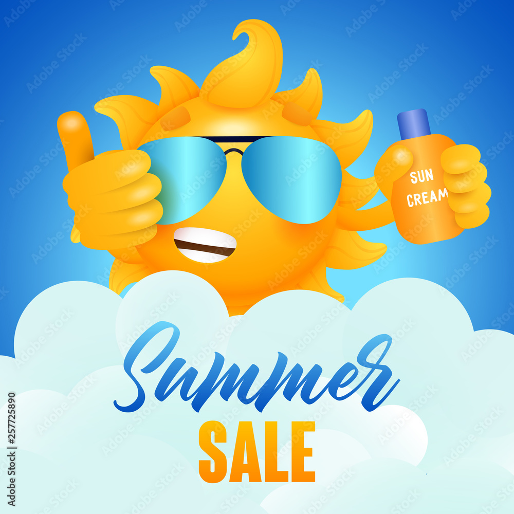 Summer sale lettering and sun cartoon character with sun cream. Summer offer or sale advertising design. Handwritten and typed text, calligraphy. For leaflets, brochures, invitations or banners. Summer sale lettering and sun cartoon character with sun cream. Summer offer or sale advertising design. Handwritten and typed text, calligraphy. For leaflets, brochures, invitations or banners.