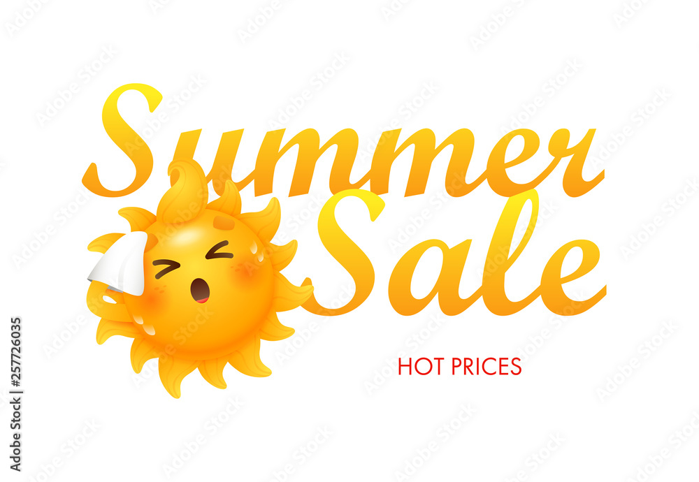 Summer sale, hot prices lettering with sun cartoon character. Summer offer or sale advertising design. Handwritten and typed text, calligraphy. For leaflets, invitations, posters or banners. Summer sale, hot prices lettering with sun cartoon character. Summer offer or sale advertising design. Handwritten and typed text, calligraphy. For leaflets, invitations, posters or banners.