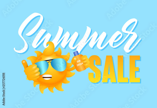 Summer sale lettering with sun character holding sun cream. Tourism, summer offer or sale advertising design. Handwritten and typed text, calligraphy. For leaflets, invitations, posters or banners.