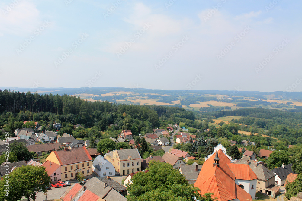 Panoramic top view of the village of Lipnice above Sazava in the Czech Republic and the Church