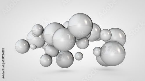Fototapeta Naklejka Na Ścianę i Meble -  3D illustration of many white balls in space, arranged randomly. Abstract image of round objects connected to each other. Isolated on white background. 3D rendering