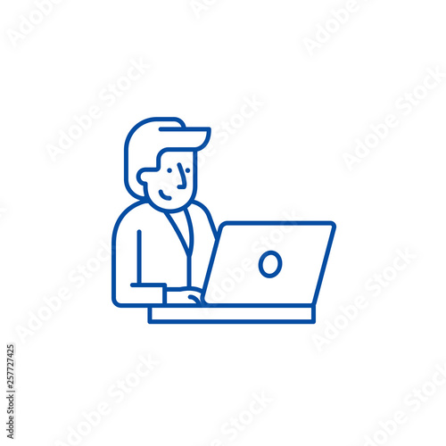 Businessman behind a laptop line concept icon. Businessman behind a laptop flat  vector website sign, outline symbol, illustration.