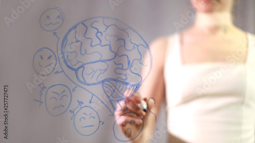girl draws on the Board. Emotional intelligence, Intellectual map. mind map. education. online school. white dress. paint to the brain. draws the brain and emoticons