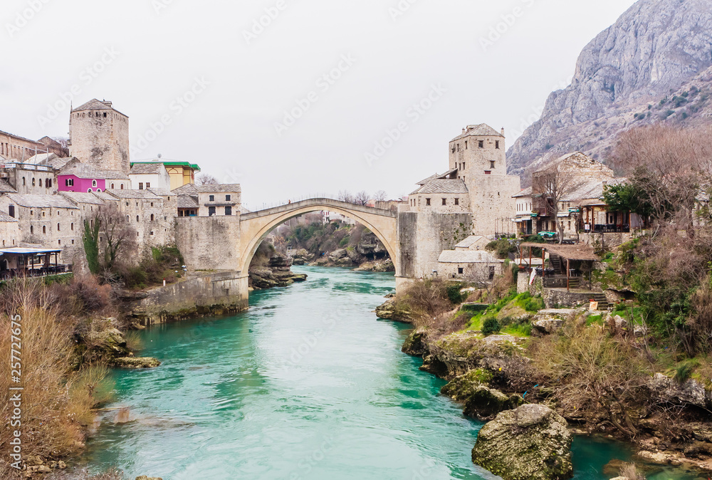 View of Stari Most a 16th-century Ottoman bridge over Neretva river in the city of Mostar in Bosnia Herzegovina