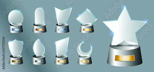 Set of Glass trophy award. Vector award on gradient gray background,   easy to modify