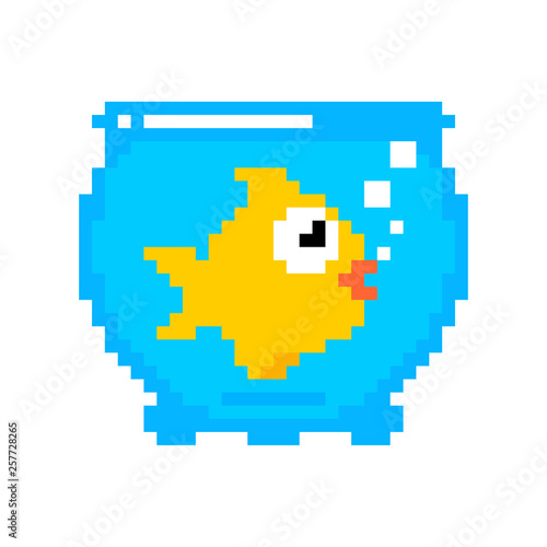 Goldfish in aquarium pixel art isolated. Gold Fish 8bit Sea animal vector. ocean character 8 bit