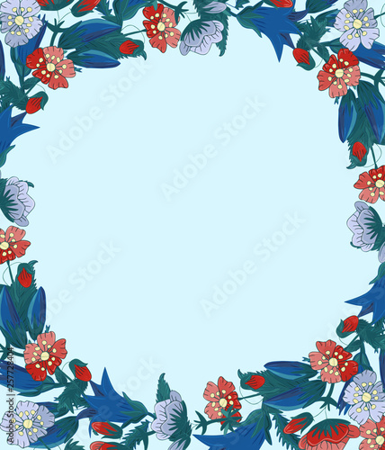 beautiful blue and red wreath of bells on a light background