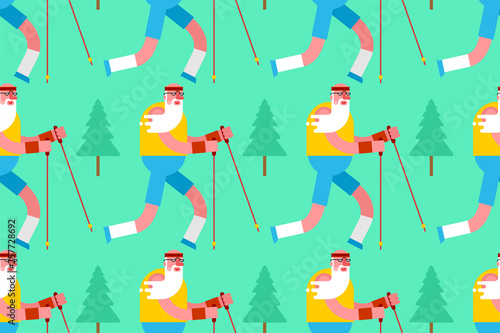 Old man Nordic walking in forest pattern seamless. Grandfather go with ski poles. Training for pensioners ornament. Elderly runner background