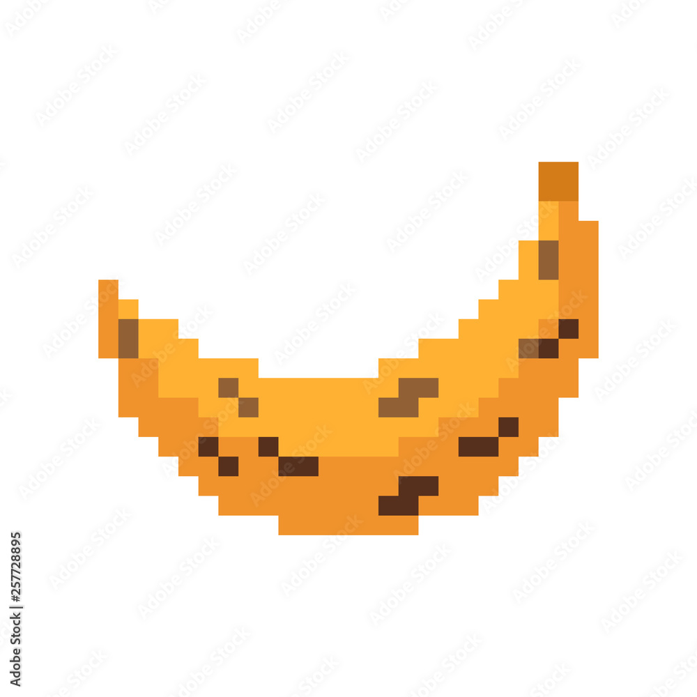 Obraz premium Rotten banana pixel art. Spoiled fruit 8bit. Yellow old tropical food 8 bit