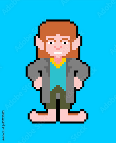 Hobbit pixel art little man isolated. magic homunculus with big legs 8 bit