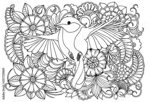  Bird and flowers  in monocrome colors.Vector black and white colorin page for colouring book. Doodles pattern